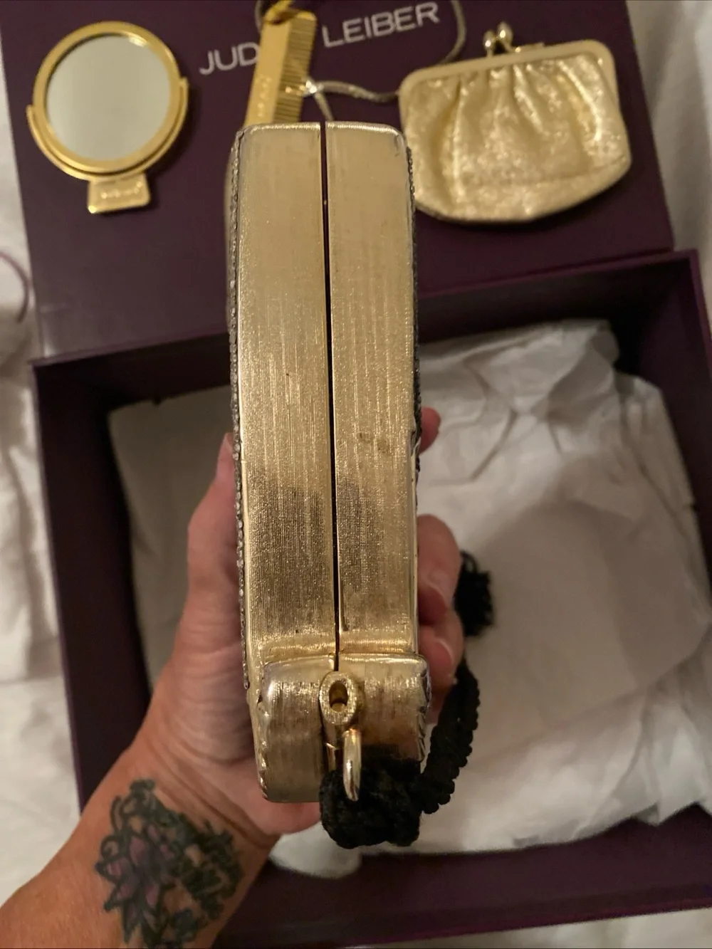 Vintage Judith Leiber Black, Gold & Silver Fan Minaudière